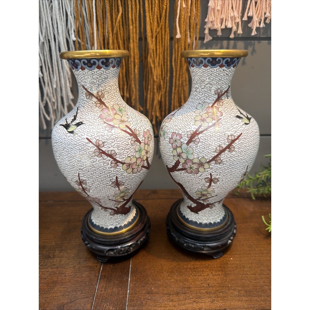 Vintage Chinese Matched Pair (2) Gilt Brass Cloisonne & White Enamel Vases